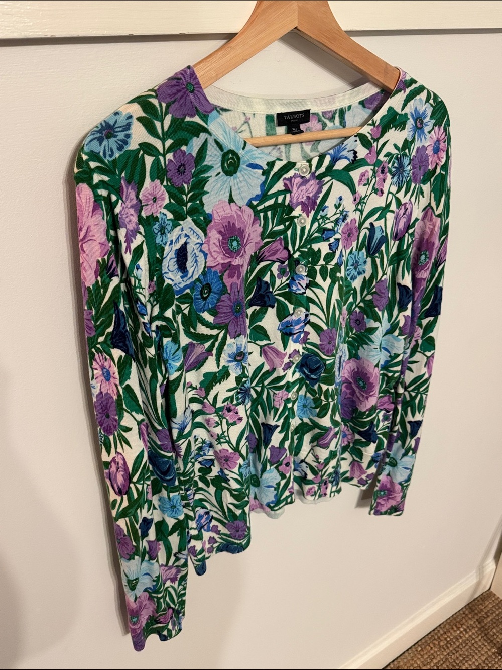 Talbots Floral Cardigan Purple Blue Green Botanical Cotton Rayon Sweater P XL